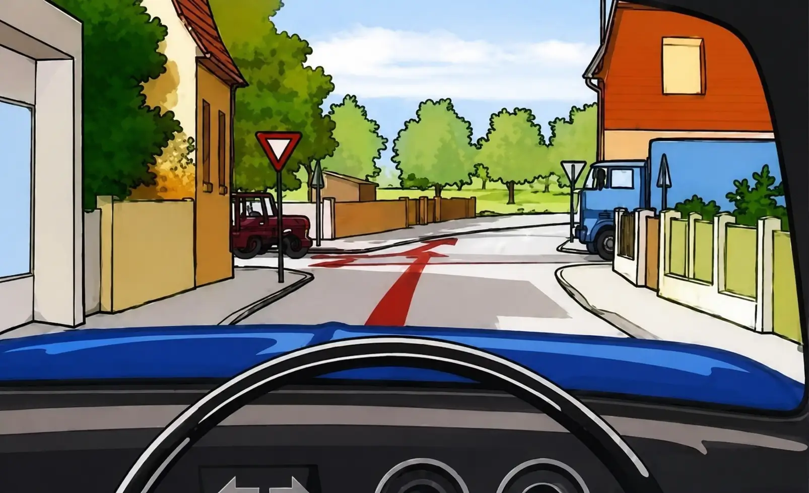 Driver's view approaching a yield sign with a blue truck on the right and a tractor on the left